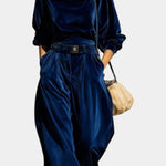 Vintage Brown Velvet Hooded Ensemble with Relaxed Pants in Blue