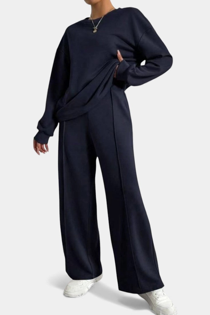 Sweatshirt & High-Waisted Pants Set in Navy Blue