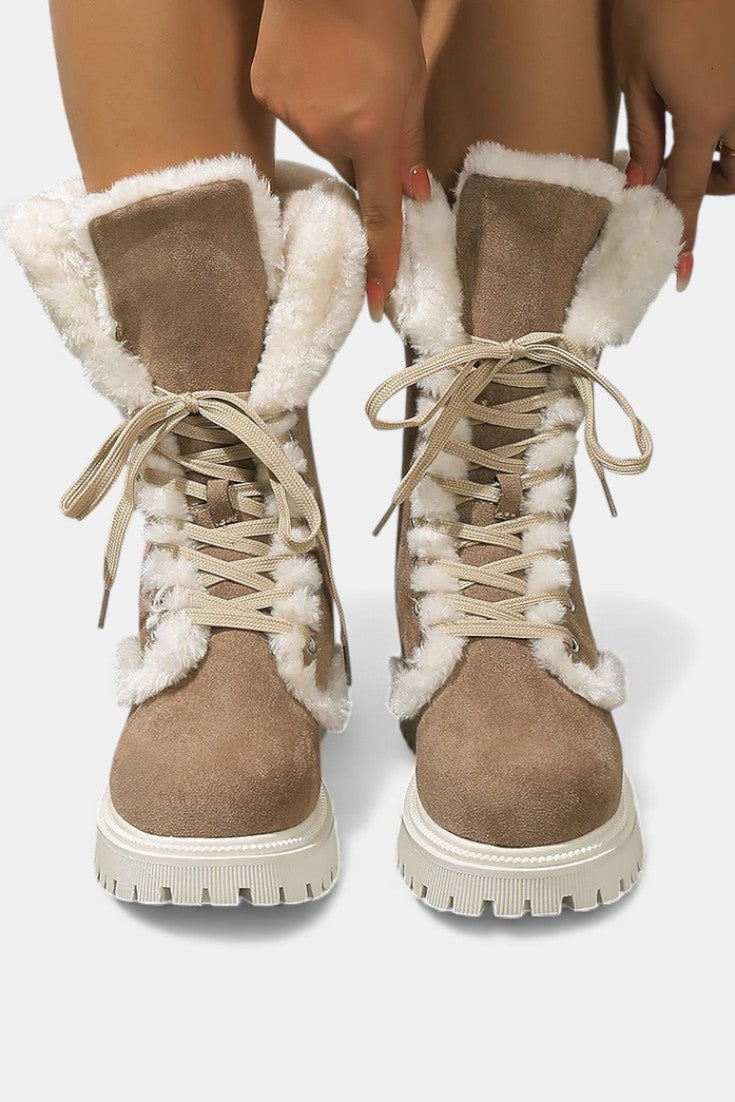 Women's Lace-Up Mid-Calf Faux Fur Boots in Khaki