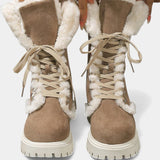Women's Lace-Up Mid-Calf Faux Fur Boots in Khaki