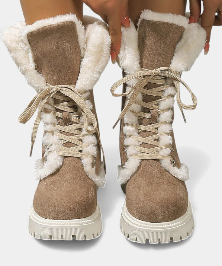 Women's Lace-Up Mid-Calf Faux Fur Boots in Khaki