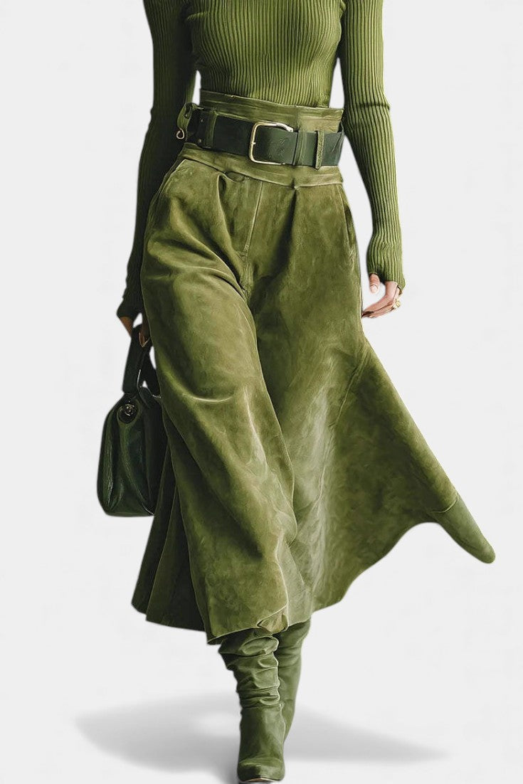 Olive Off-the-Shoulder Top with Midi Suede Skirt Ensemble, photo 3