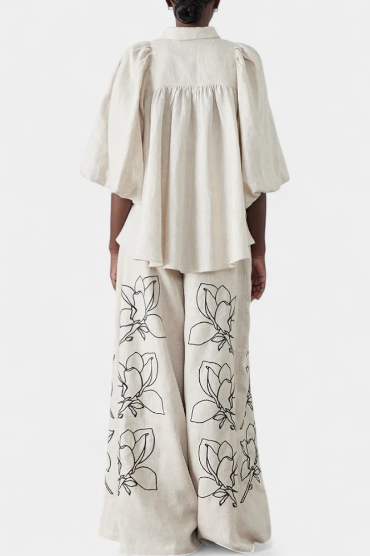 Puff Sleeve Blouse & Wide-Leg Floral Linen Pants Set, photo 4