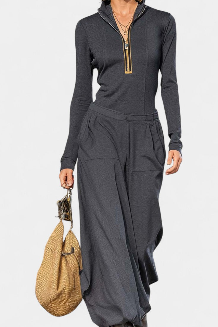 Dark Gray Set Featuring High Collar and Wide-Leg Pants
