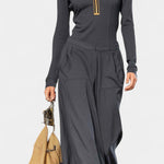 Dark Gray Set Featuring High Collar and Wide-Leg Pants
