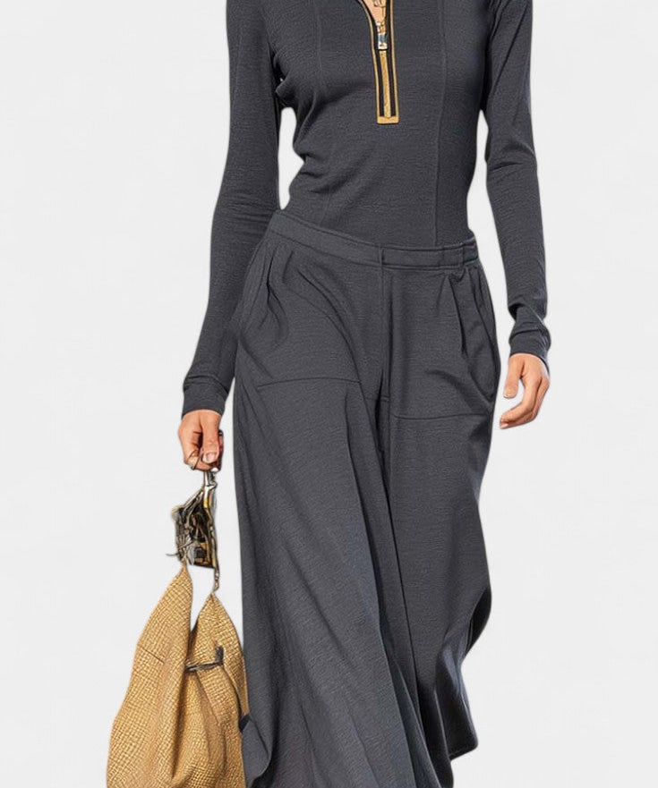 Dark Gray Set Featuring High Collar and Wide-Leg Pants