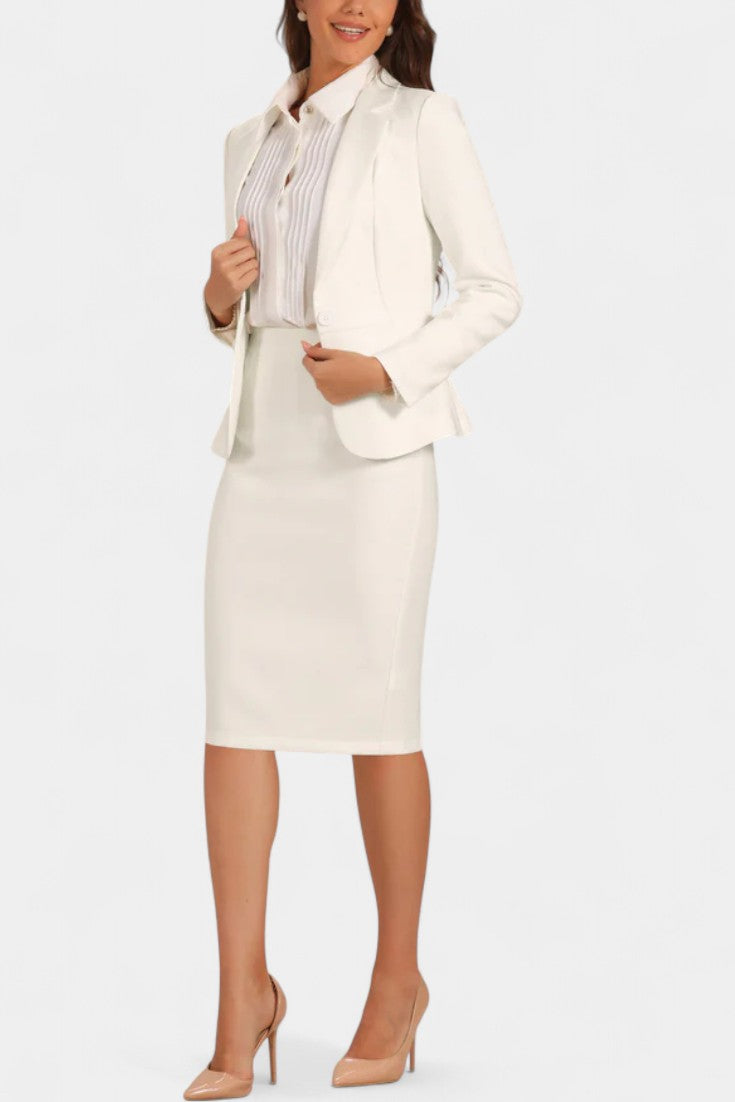 Chic Blazer and Pencil Skirt Ensemble with Notched Collar in White
