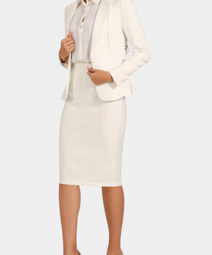 Chic Blazer and Pencil Skirt Ensemble with Notched Collar in White
