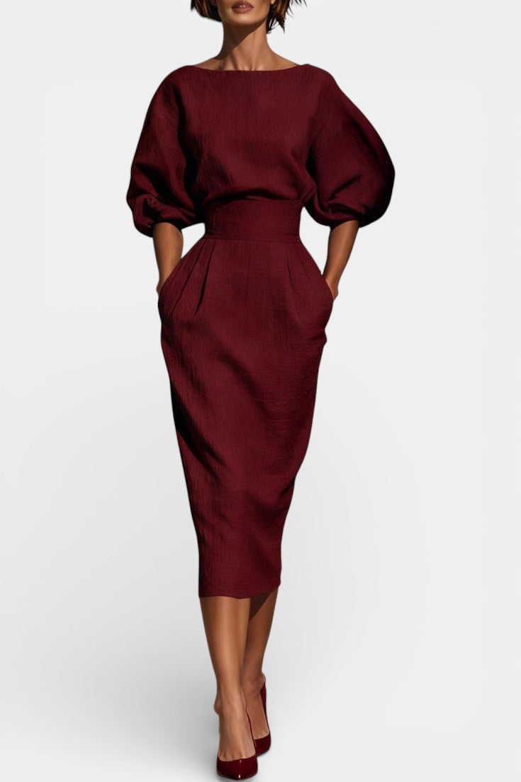 Structured Top and Midi Skirt Two-Piece Set in Bordeaux