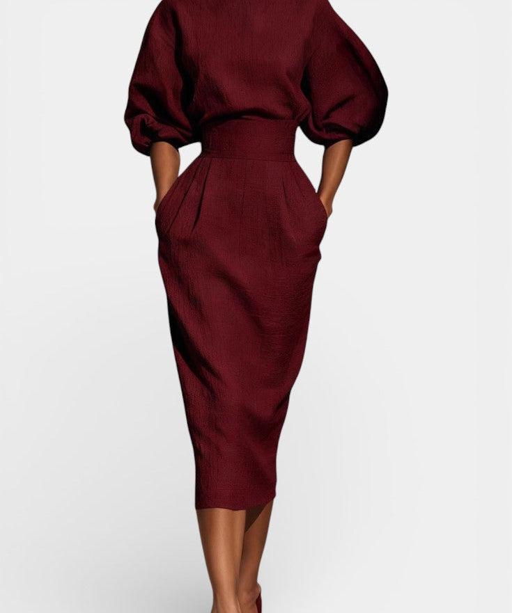 Structured Top and Midi Skirt Two-Piece Set in Bordeaux