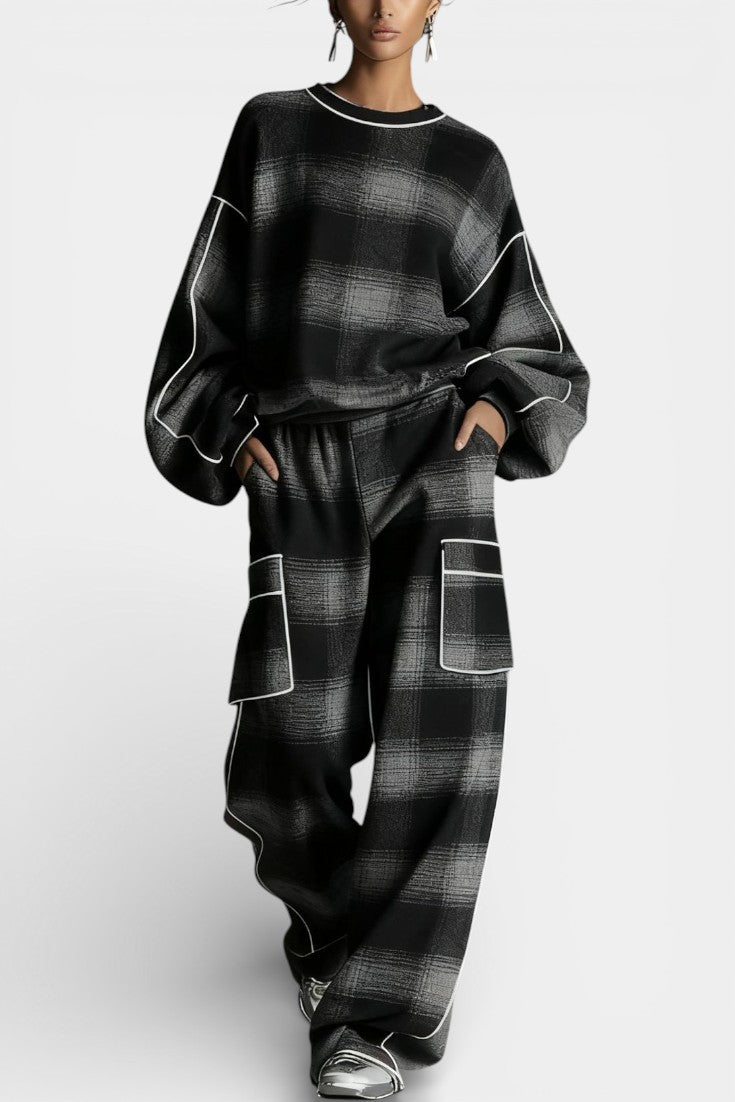 Women's Urban Checkered Color-Block Ensemble in Black