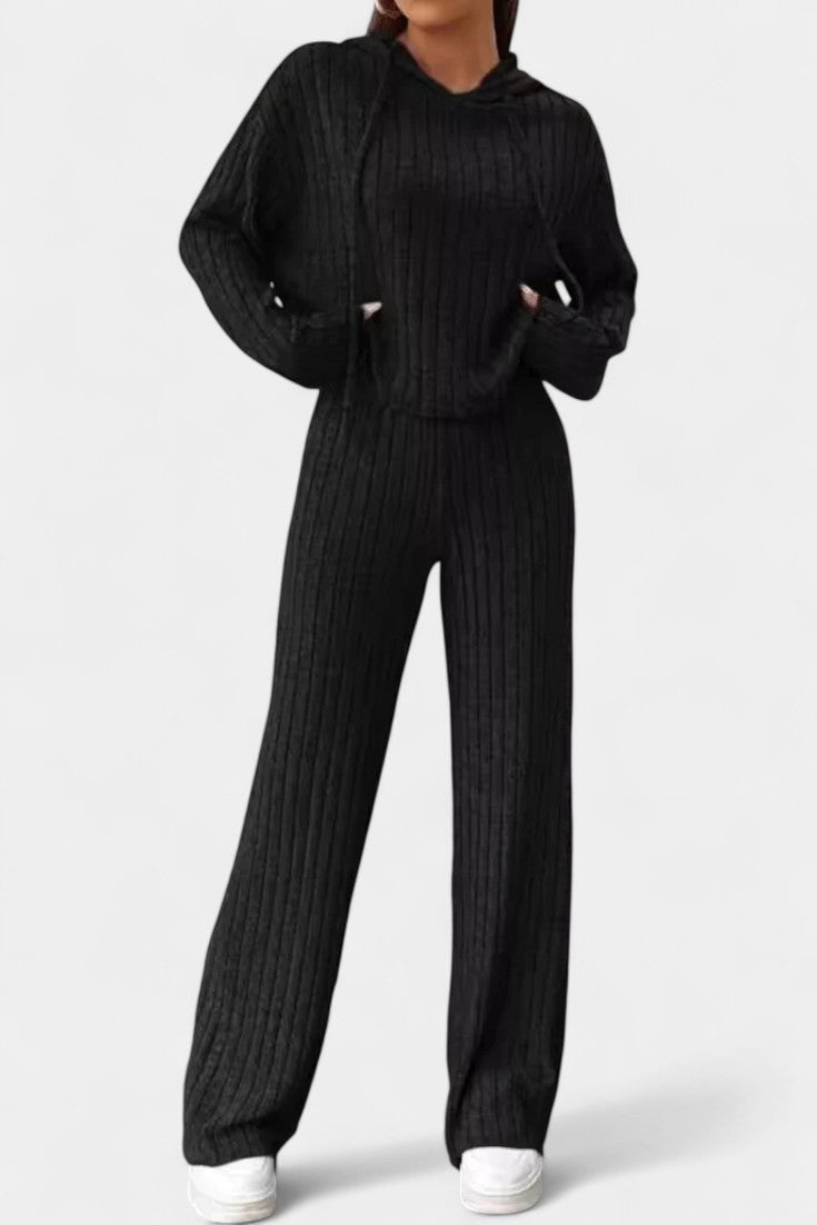 Women's Striped Knit Hoodie and Pants Set in Black