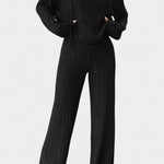Women's Striped Knit Hoodie and Pants Set in Black