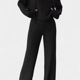 Women's Striped Knit Hoodie and Pants Set in Black