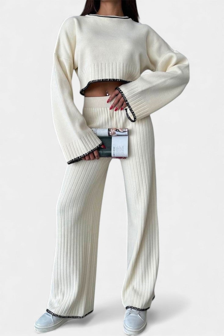 Women's Sleek Knit Two-Piece Ensemble in Beige