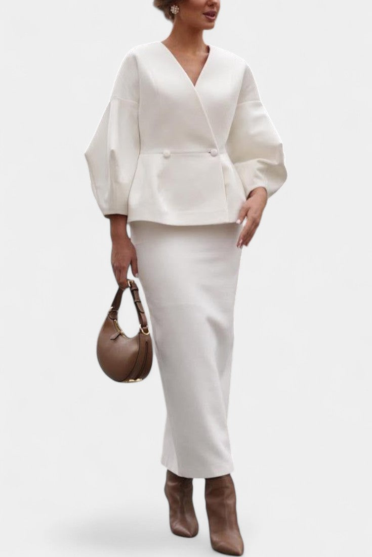 Chic Tailored Ensemble with V-Neck and Puff Sleeves in White