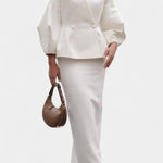 Chic Tailored Ensemble with V-Neck and Puff Sleeves in White