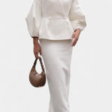 Chic Tailored Ensemble with V-Neck and Puff Sleeves in White