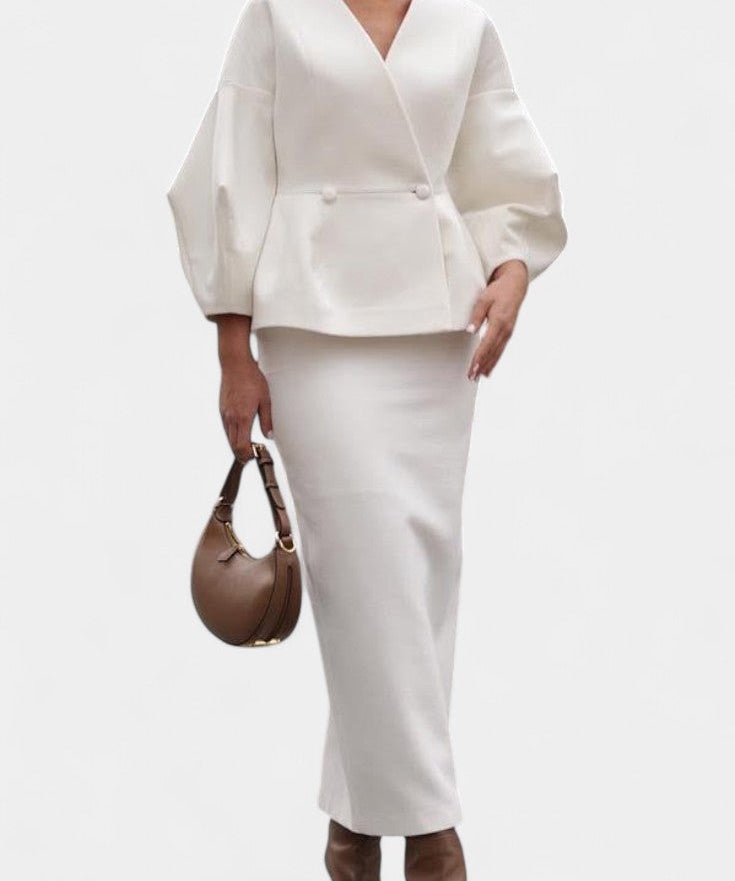 Chic Tailored Ensemble with V-Neck and Puff Sleeves in White