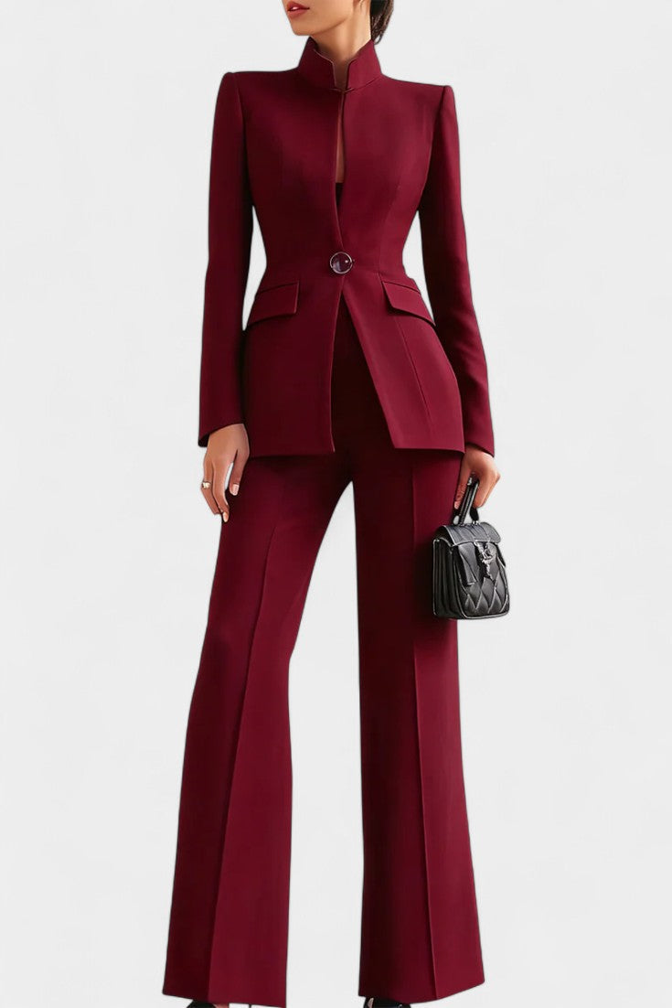 High-Collar Two-Piece Wide-Leg Set in Burgundy