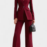High-Collar Two-Piece Wide-Leg Set in Burgundy