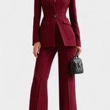 High-Collar Two-Piece Wide-Leg Set in Burgundy