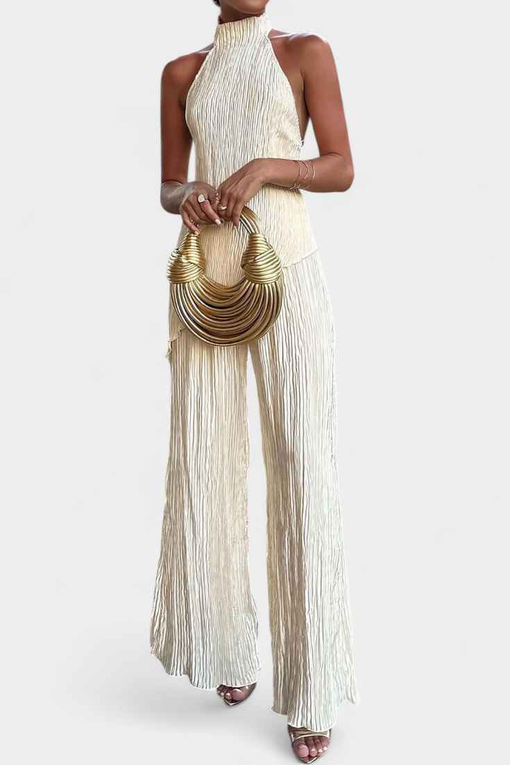 Halter Neck Asymmetrical Top with Wide-Leg Pants Set in Khaki