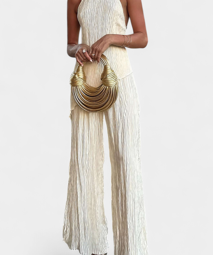 Halter Neck Asymmetrical Top with Wide-Leg Pants Set in Khaki