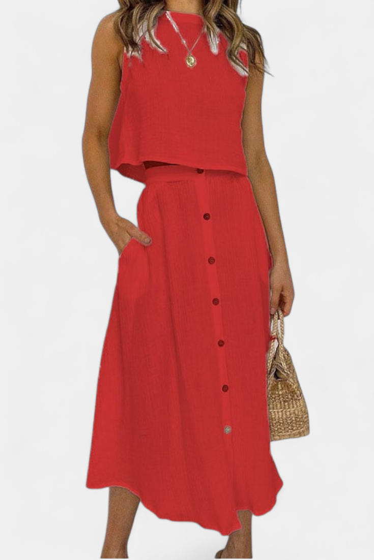 Cotton Button-Detail Midi Skirt Set in Red