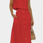 Cotton Button-Detail Midi Skirt Set in Red