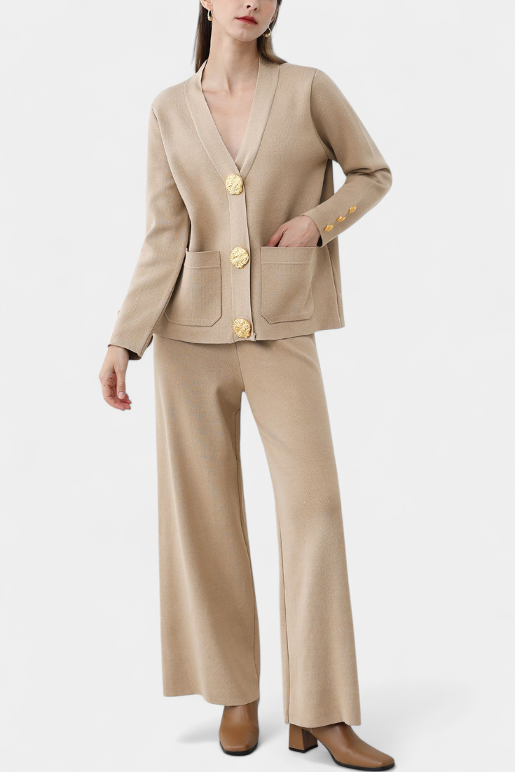 Classic Cardigan Set with Wide-Leg Pants in Brown