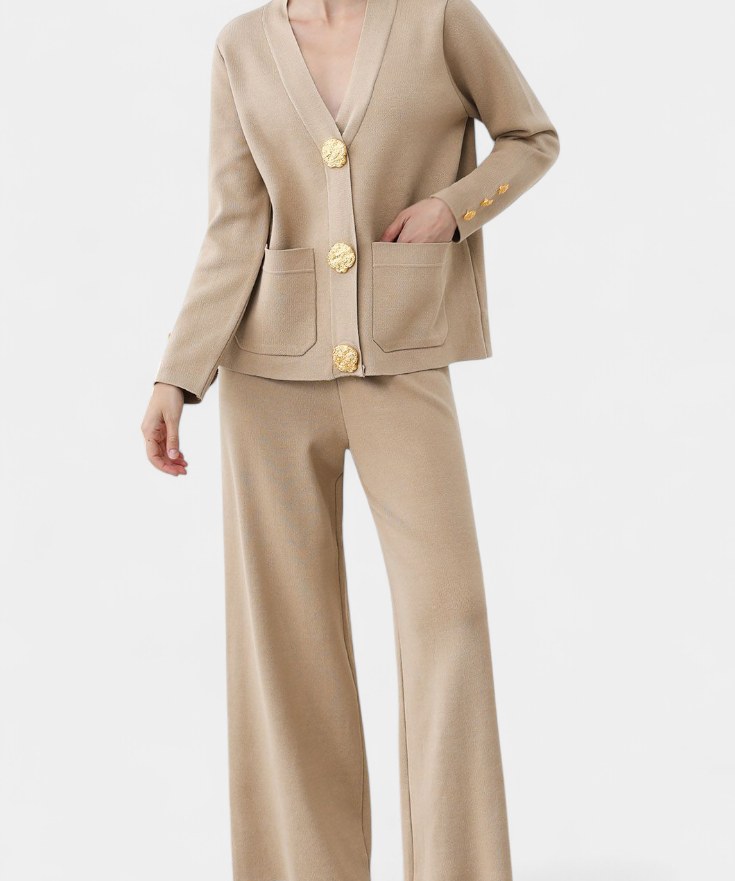 Classic Cardigan Set with Wide-Leg Pants in Brown