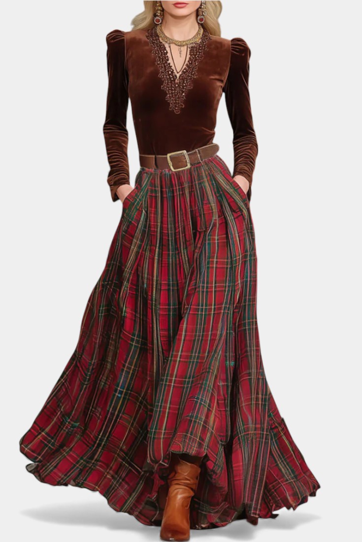 Lace Top & Red Checkered Skirt Set