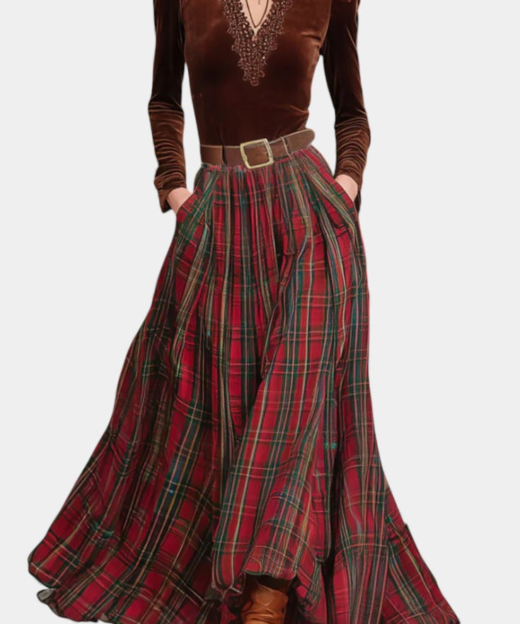 Lace Top & Red Checkered Skirt Set