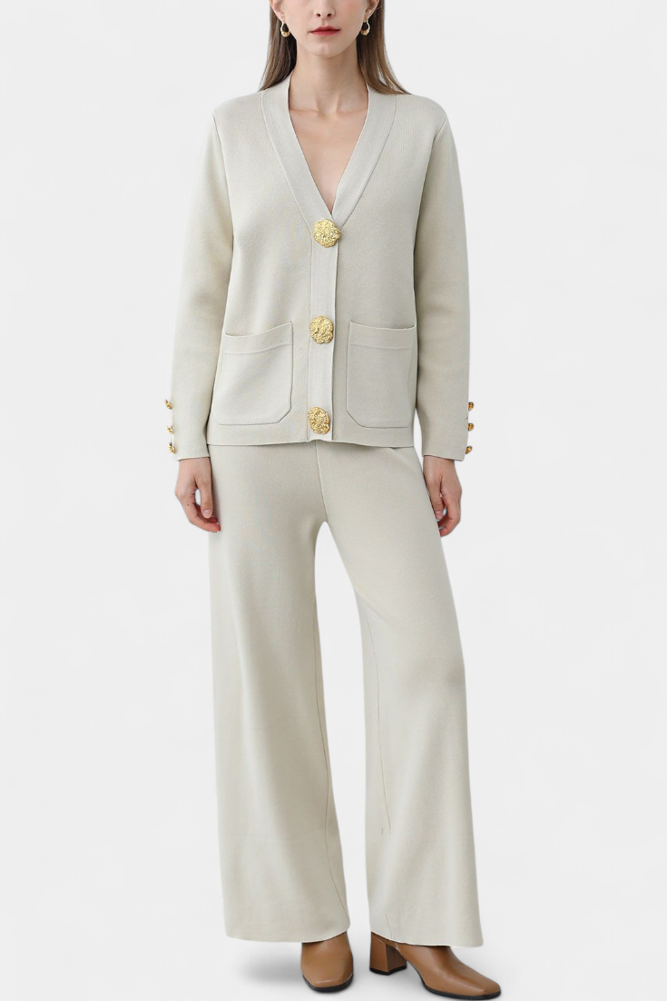 Classic Cardigan Set with Wide-Leg Pants in White