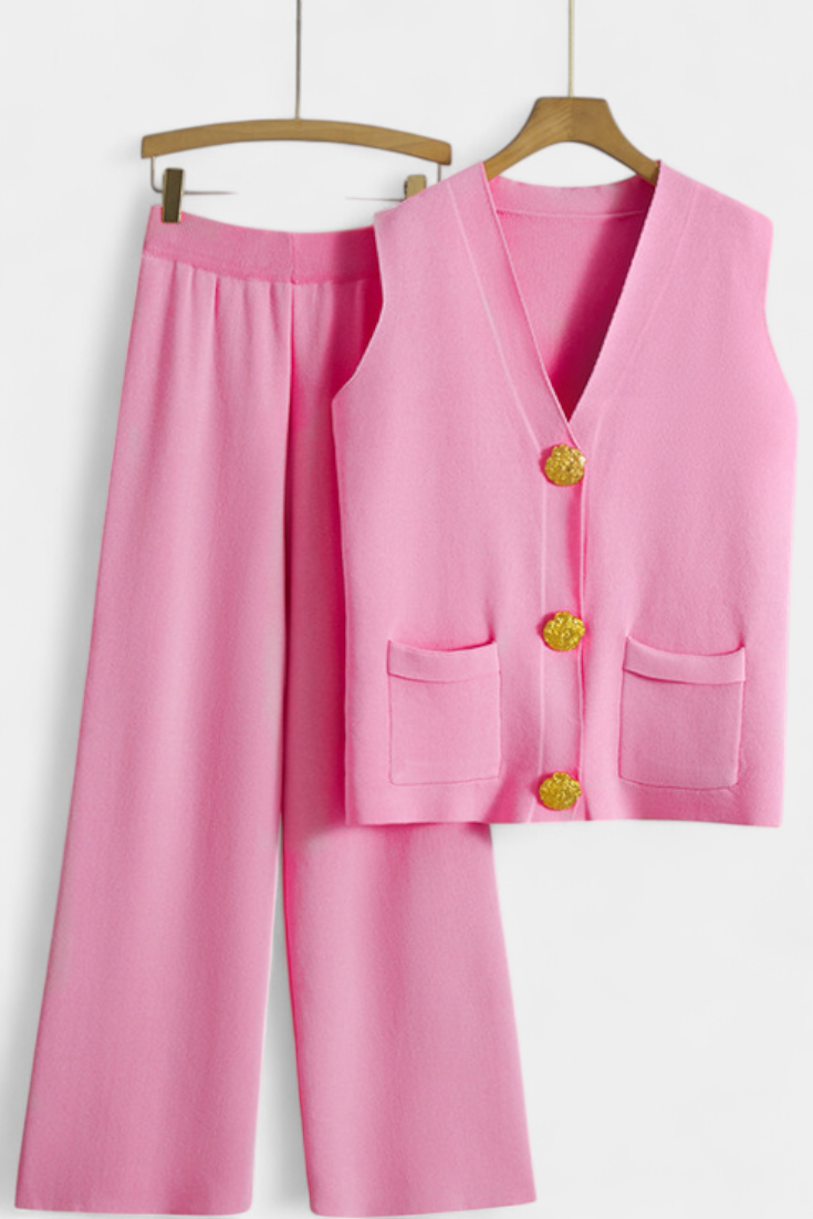 Women's Knit Vest with Wide-Leg Pants in Pink