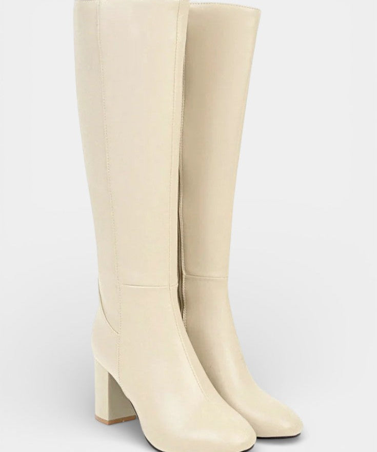 Chic Zip Boots with Comfortable Block Heel in Beige