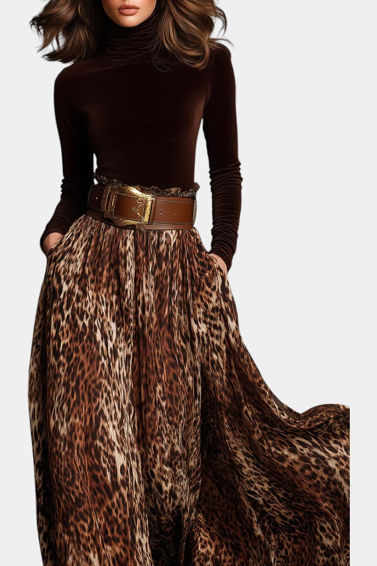 Women's Velvet Turtleneck & Leopard Skirt Set, photo 2