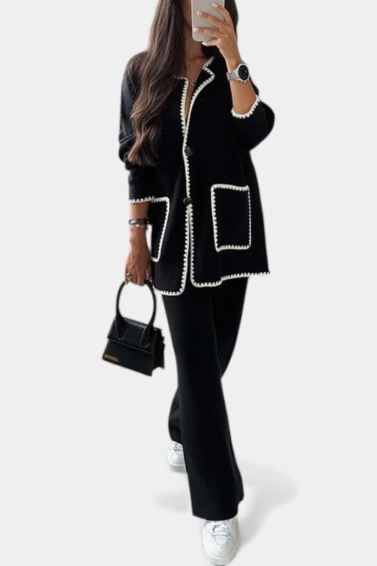 Women's Trimmed Jacket and Casual Pants Set in Black