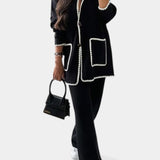 Women's Trimmed Jacket and Casual Pants Set in Black