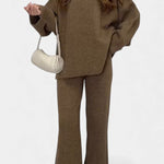 Relaxed Ensemble with Round Neckline and Flowing Pants in Khaki