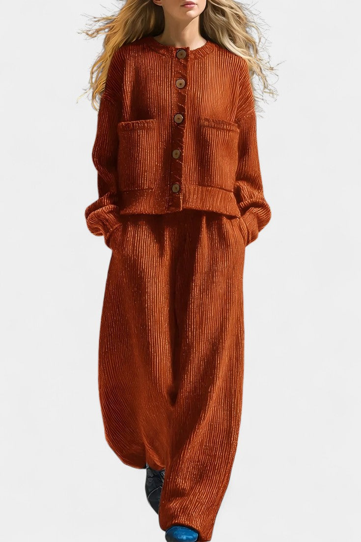 Knit Cardigan & Wide-Leg Pants Ensemble in Orange
