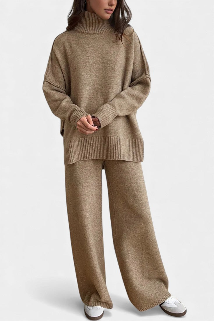 Turtleneck Knit Set with Wide-Leg Pants in Camel