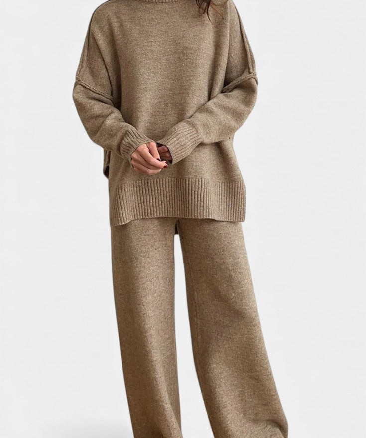 Turtleneck Knit Set with Wide-Leg Pants in Camel