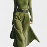 Olive Off-the-Shoulder Top with Midi Suede Skirt Ensemble in Olive Green
