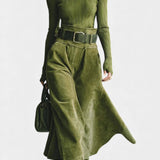 Olive Off-the-Shoulder Top with Midi Suede Skirt Ensemble in Olive Green