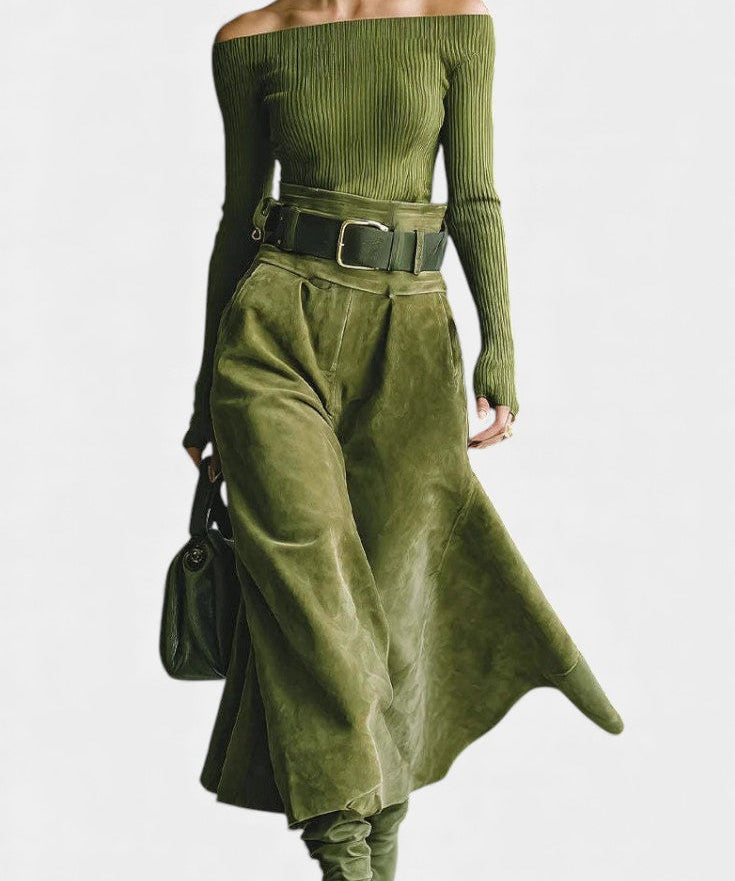 Olive Off-the-Shoulder Top with Midi Suede Skirt Ensemble in Olive Green