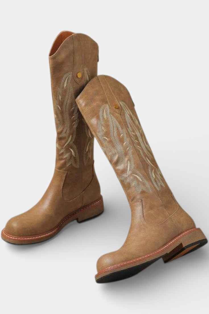 Long Embroidered Boots Featuring Back Zipper in Dark Brown