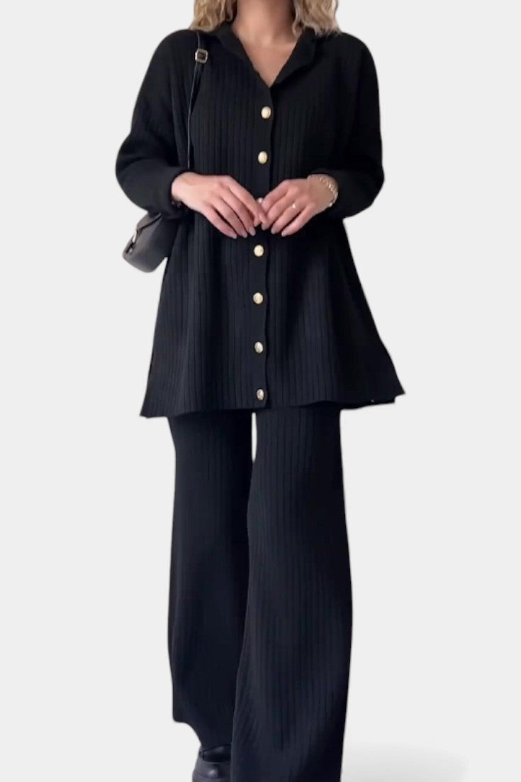 Women's Striped Jacquard Knit Two-Piece Set in Black