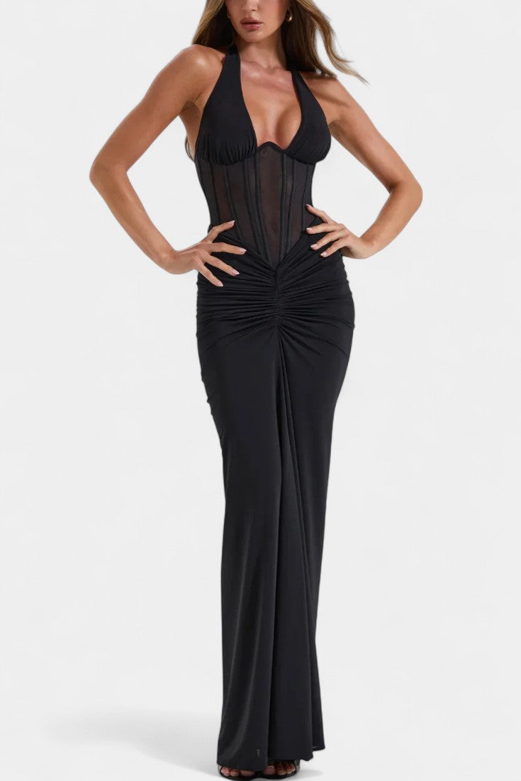 Mesh Corset Halter with Gathered Maxi Skirt Ensemble in Black
